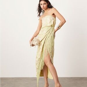 ASOS Embroidered Green Strapless Ruched Gown with Fringe Slit